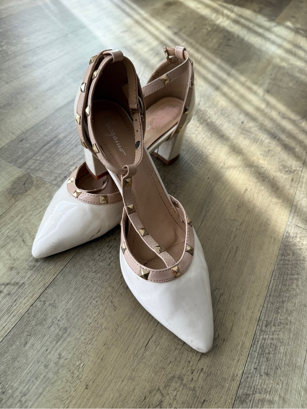 Salvatore Ferragamo White Stud-Trim Pointed Block Heel Pumps